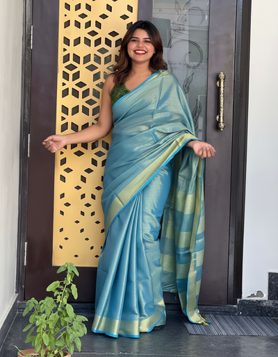 Graceful Pure Tissue Linen Blue Handdyed Saree