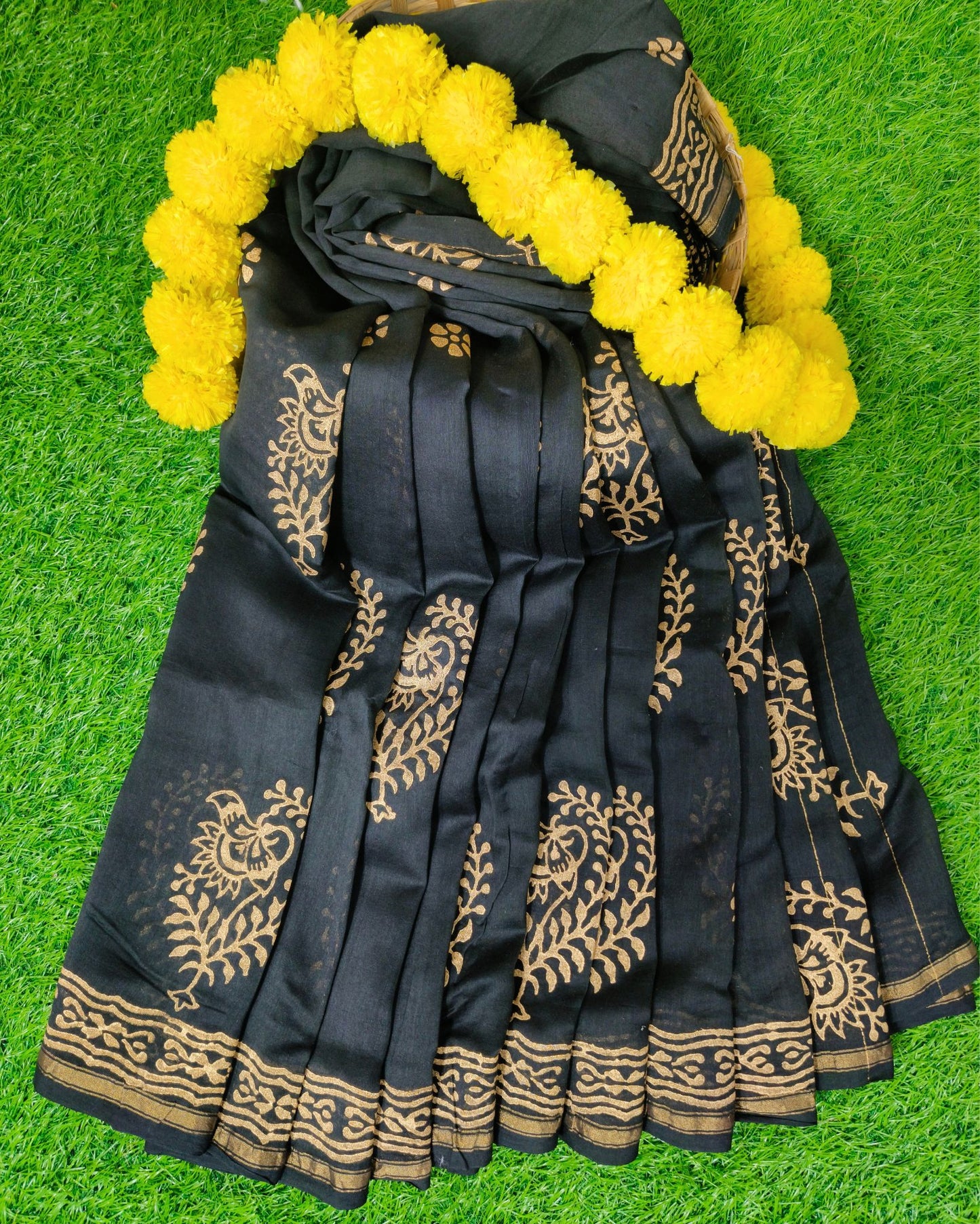Chanderi Cotton Saree Handblock Print Black