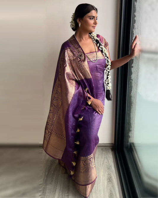 6639-Silk Linen Banarasi Brocade Handloom Purple Saree with Blouse