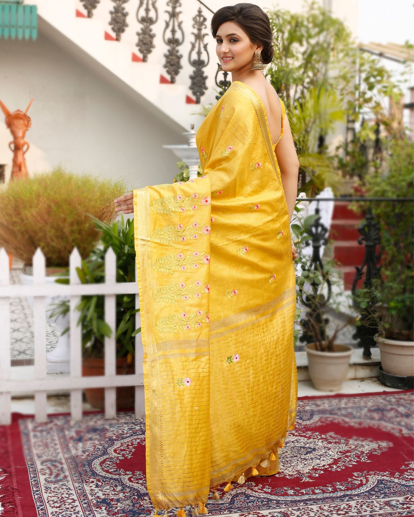 9227-Silk Linen Embroidered Handloom Mustard Yellow Saree with Blouse