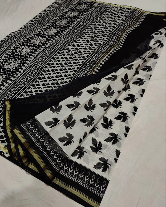 Color-Rich Blockprint Chanderi Silk Saree Black & White
