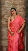 Kota Silk Saree Tulip Red Color Weaving Jaquard with running blouse-Indiehaat
