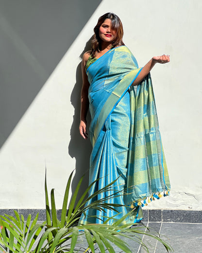 Hand Dyed Pure Tissue Linen Blue Color Saree With Running Blouse-Indiehaat