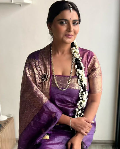 Dynamic Banarasi Silk Linen Purple Handloom Saree