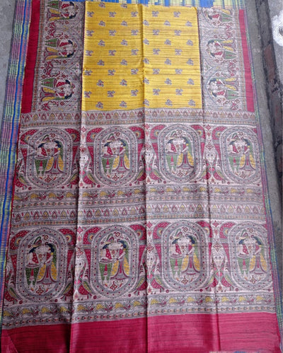 Silkmark Tussar Fanciful Madhubani Yellow & RedSaree