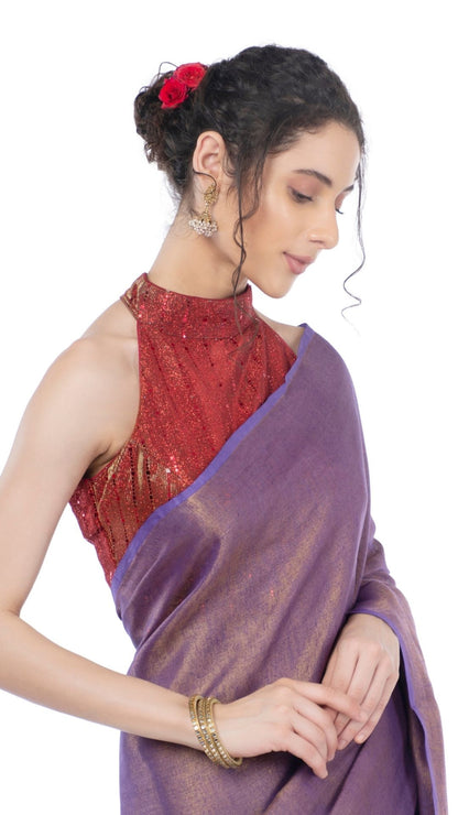Tissue Linen Purple Saree Gold Shimmer Pallu