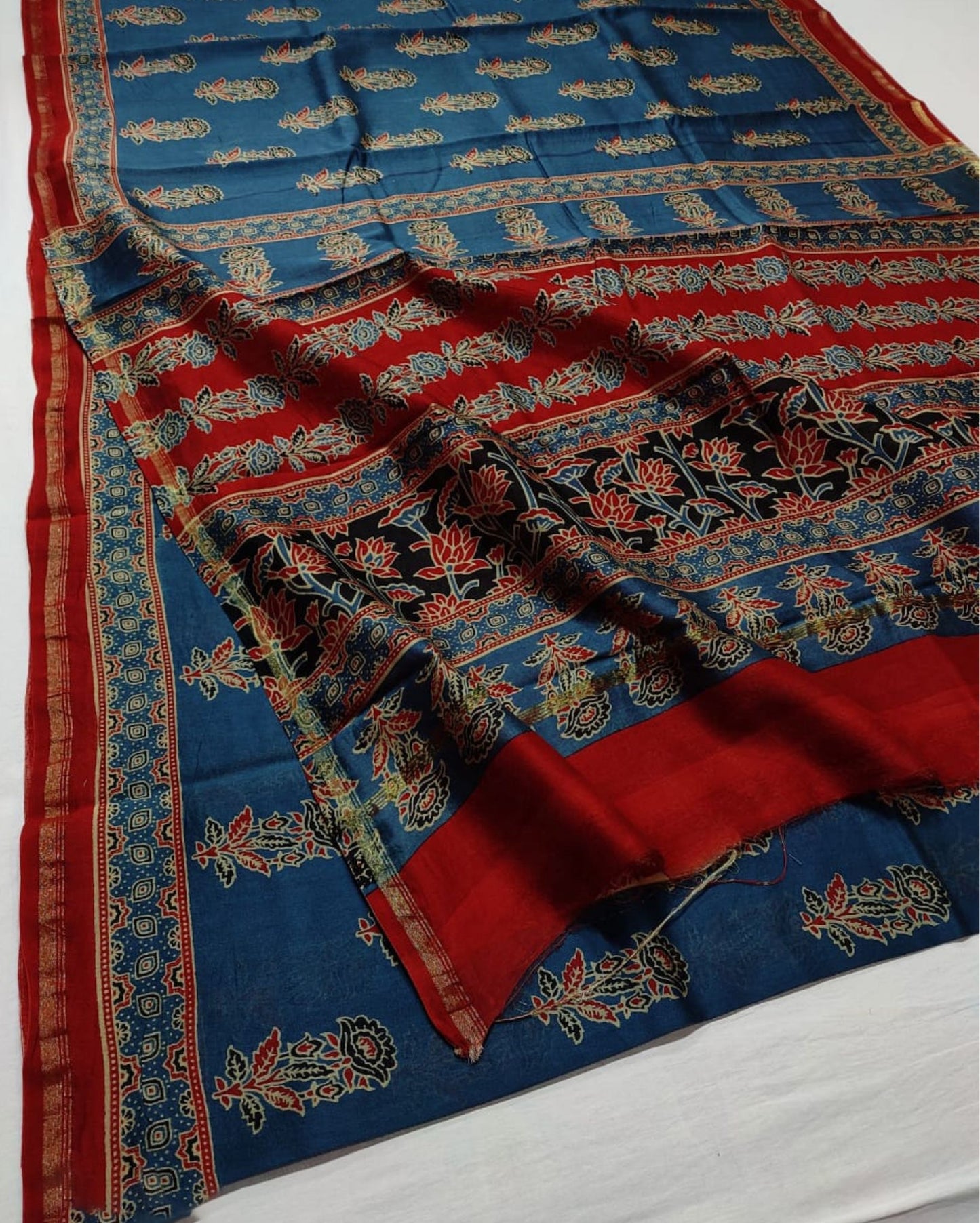 Ajrakh Printed Arapawa Blue Chanderi Silk Saree