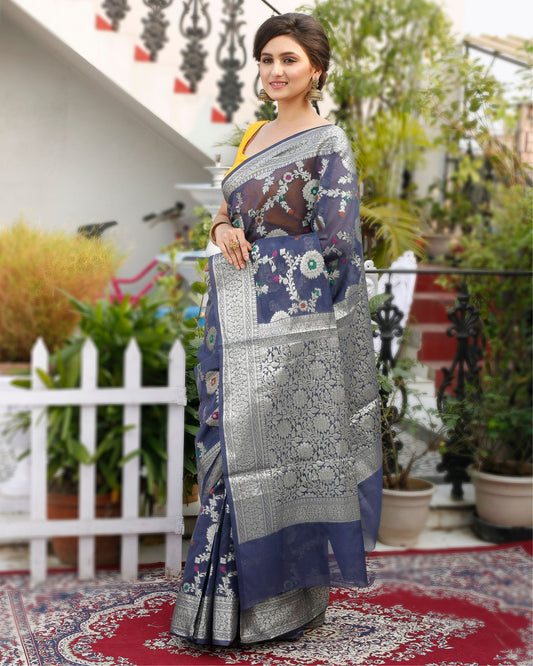 4602-Katan Banarasi Silk Saree Indigo Blue Color with running blouse