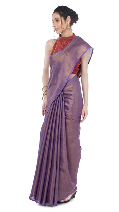 Tissue Linen Purple Saree Gold Shimmer Pallu