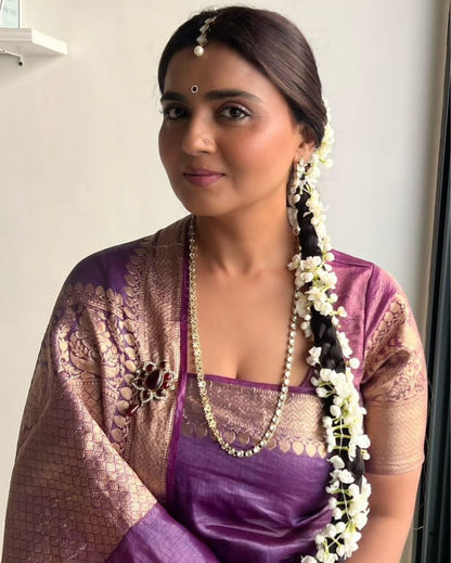 6639-Silk Linen Banarasi Brocade Handloom Purple Saree with Blouse