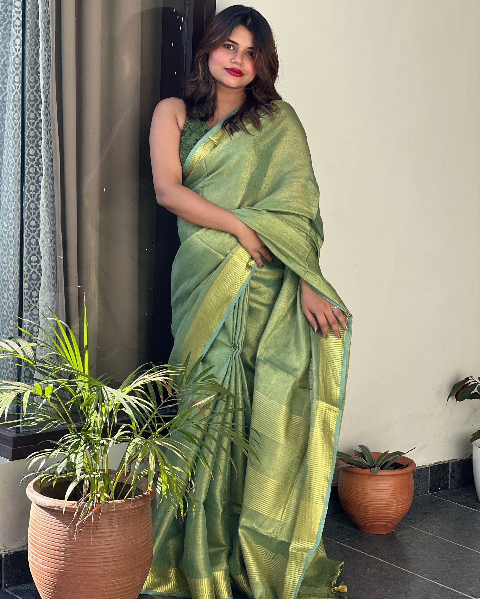 Hand Dyed Pure Tissue Linen Saree Moss Green Color With Running Blouse-Indiehaat