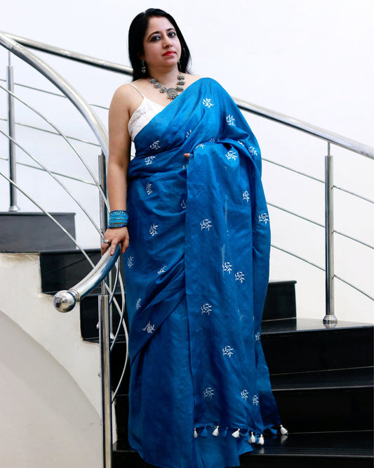 Silkmark Pure Tussar Vivid Embroidered Blue Saree