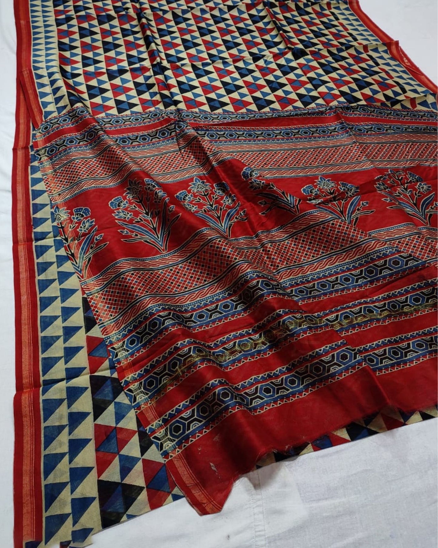 8389-Ajrakh Printed Carmine Red Color Chanderi Silk Saree with Running Blouse