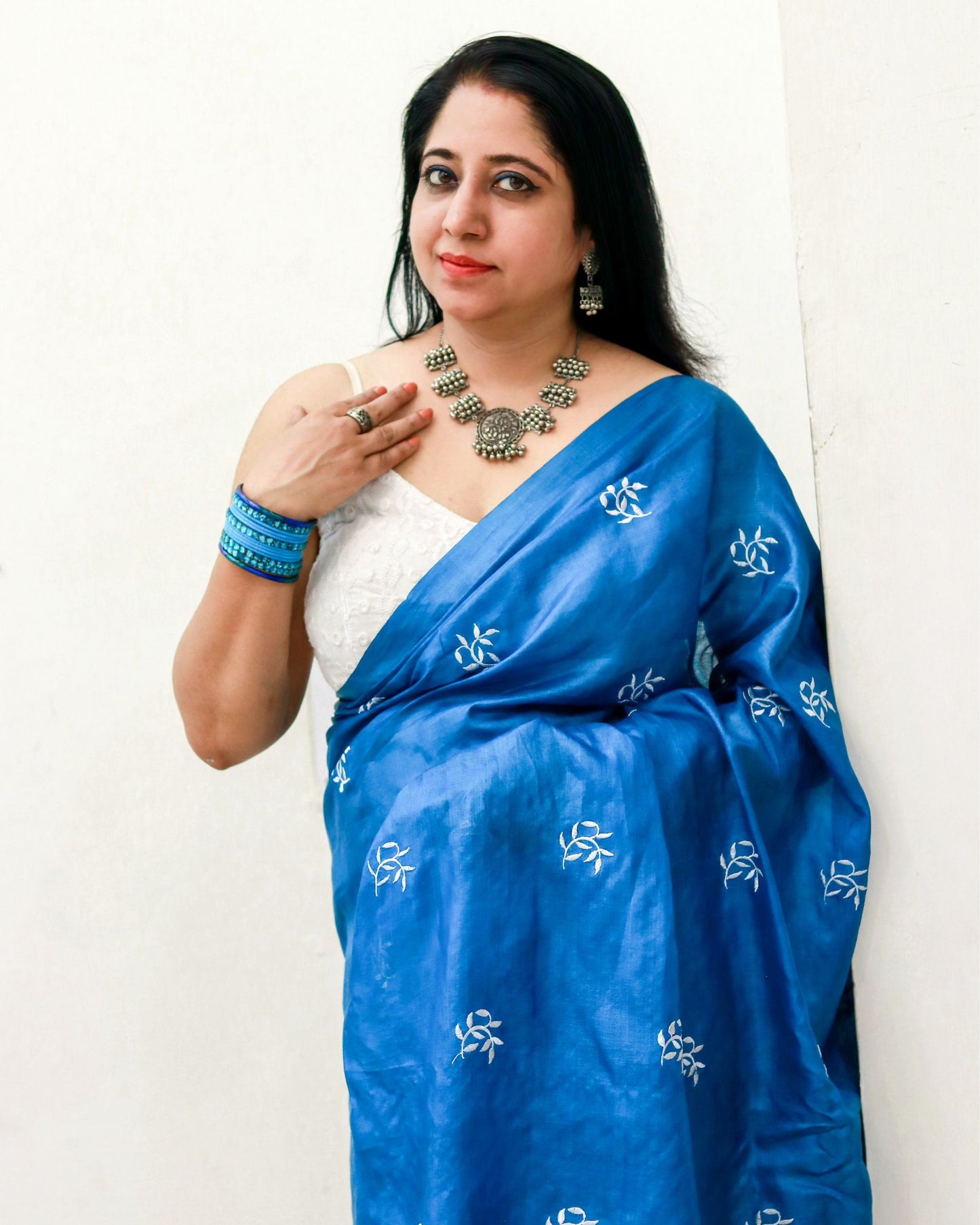 Silkmark Certified Pure Tussar Vivid Embroidered Blue Saree