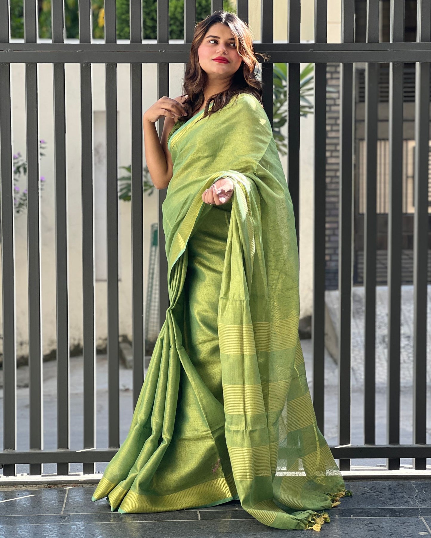 Hand Dyed Pure Tissue Linen Saree Moss Green Color With Running Blouse-Indiehaat