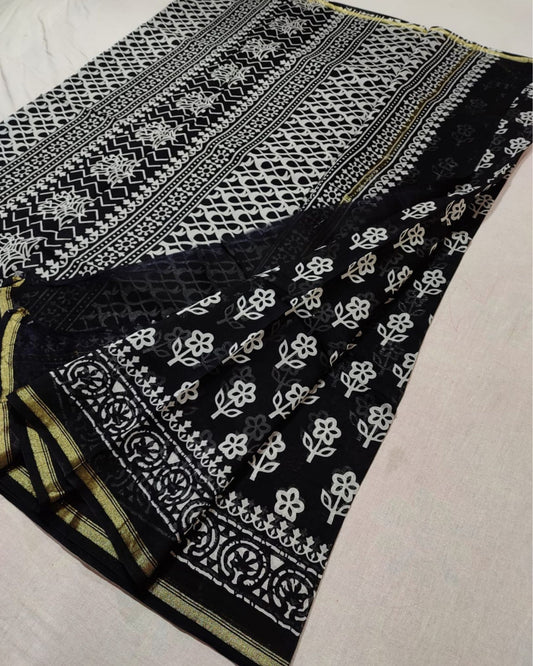 Fascinating Blockprint Chanderi Silk Saree Black & White