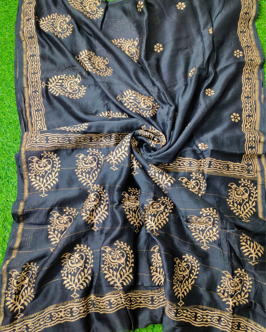 5656-Chanderi Cotton Saree Block Print Black Color with running blouse