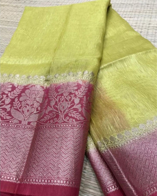 7787-Silk Linen Banrasi Brocade Weaving Handloom Olive Green Saree with Blouse