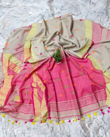 5241-Pure Linen Jacquard work Weaving Design Handloom Biege color Saree with Blouse