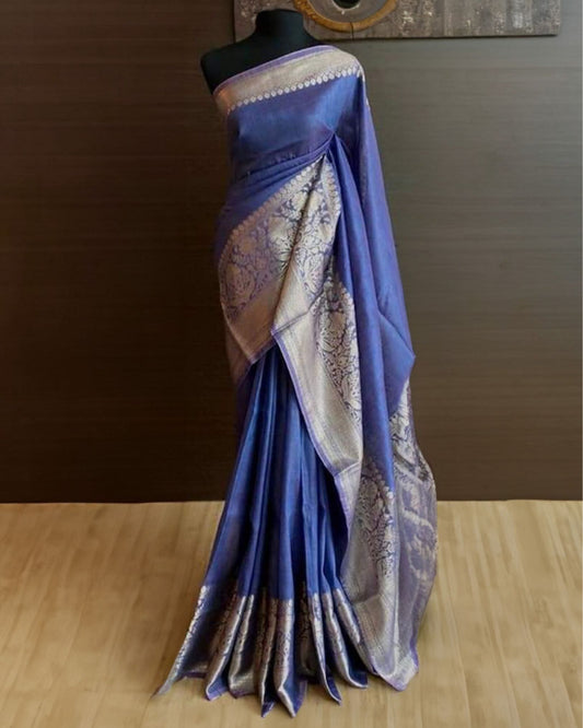 Sophisticated Banarasi Silk Linen Handloom Blue Saree