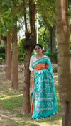 Kota Silk Saree Orange & Light Sea Green Color Batik Print with running blouse-Indiehaat