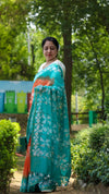 Kota Silk Saree Orange & Light Sea Green Color Batik Print with running blouse-Indiehaat