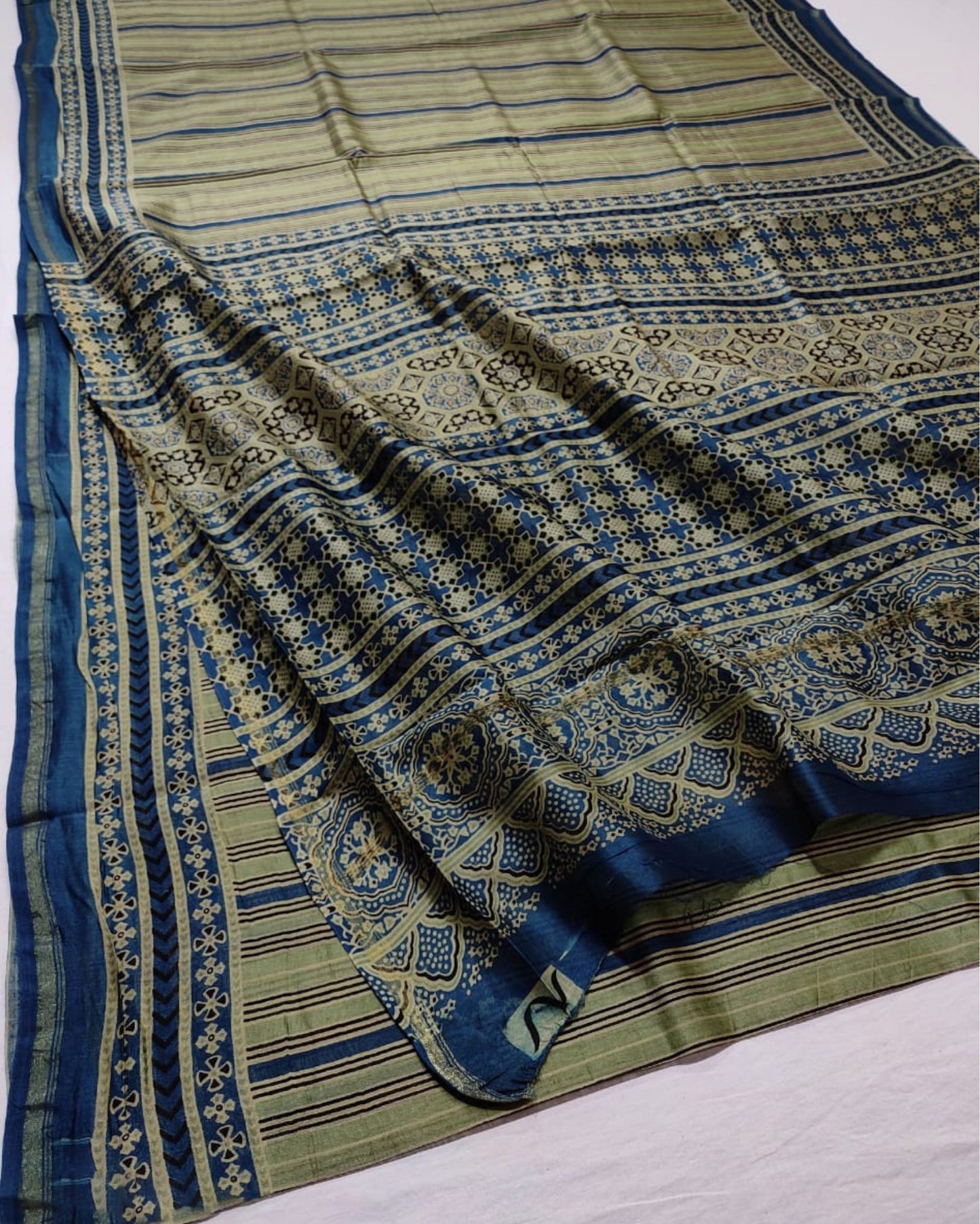 6395-Ajrakh Printed Lucky Point Blue Color Chanderi Silk Saree with Running Blouse
