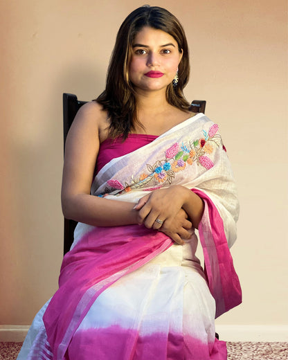 Elegant Pure Linen Saree Hand Embroidered White & Pink