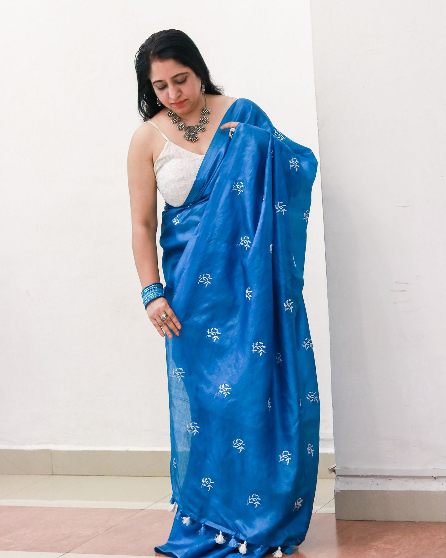 2482-Silkmark Certified Pure Tussar Silk Embroidered Blue Saree with Embroidery Color Blouse (Tussar by Tussar)