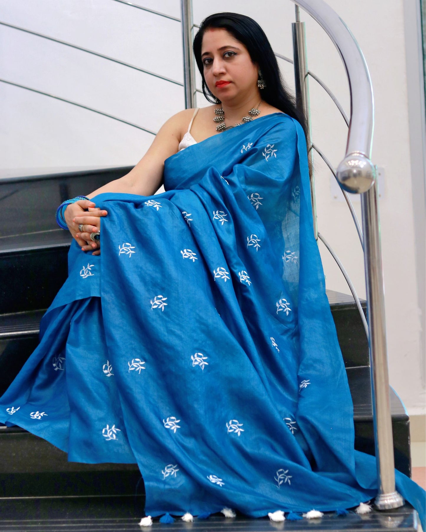 2482-Silkmark Certified Pure Tussar Silk Embroidered Blue Saree with Embroidery Color Blouse (Tussar by Tussar)