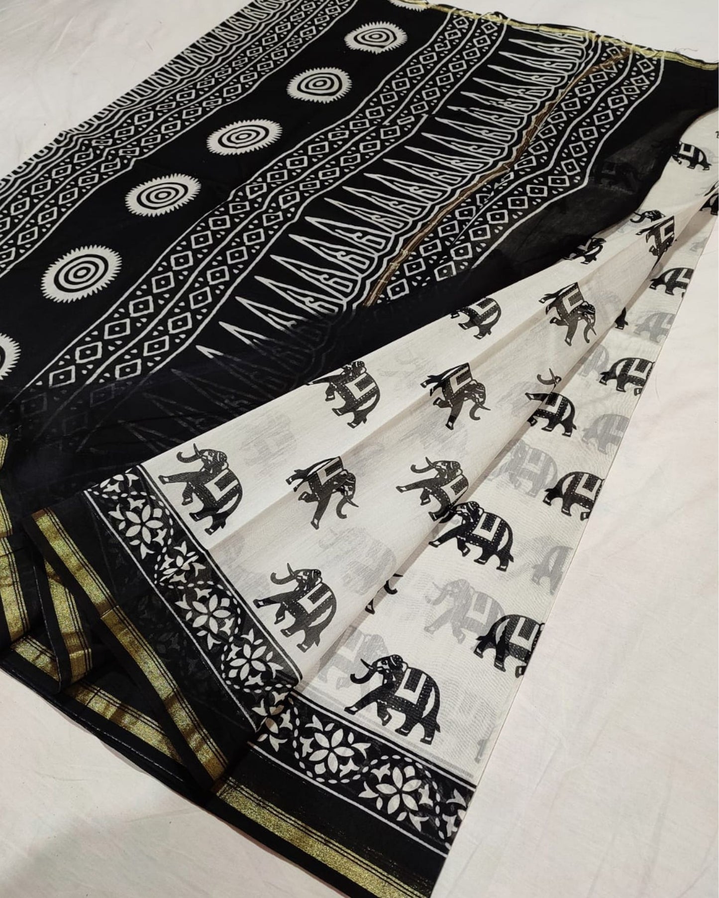 1515-Chanderi Masrise/Mercerised Cotton Silk saree Hand block Print Black and White Colour with running blouse