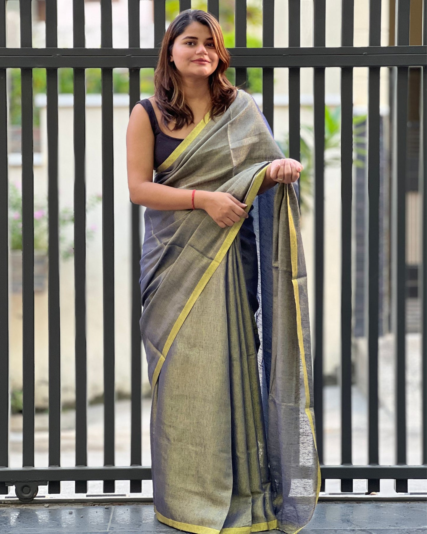 Hand Dyed Pure Tissue Linen Violet Color Saree With Running Blouse Hand Dyed - IndieHaat