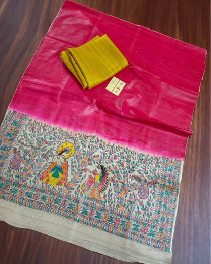 Silkmark Tussar Pink Madhubani Kinetic Dupatta & Yellow Top