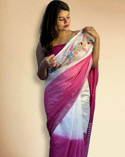 Pure Linen Saree – Handloom Hand Embroidered, White & Pink