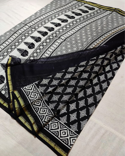 8453-Chanderi Masrise/Mercerised Cotton Silk saree Hand block Print Black and White Colour with running blouse
