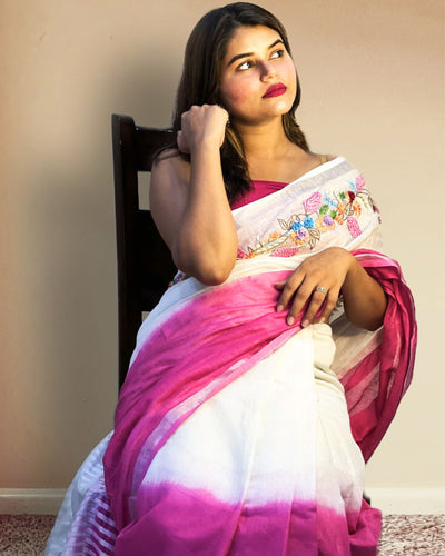 Pure Linen Saree – Handloom Hand Embroidered, White & Pink