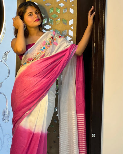 Pure Linen Saree – Handloom Hand Embroidered, White & Pink