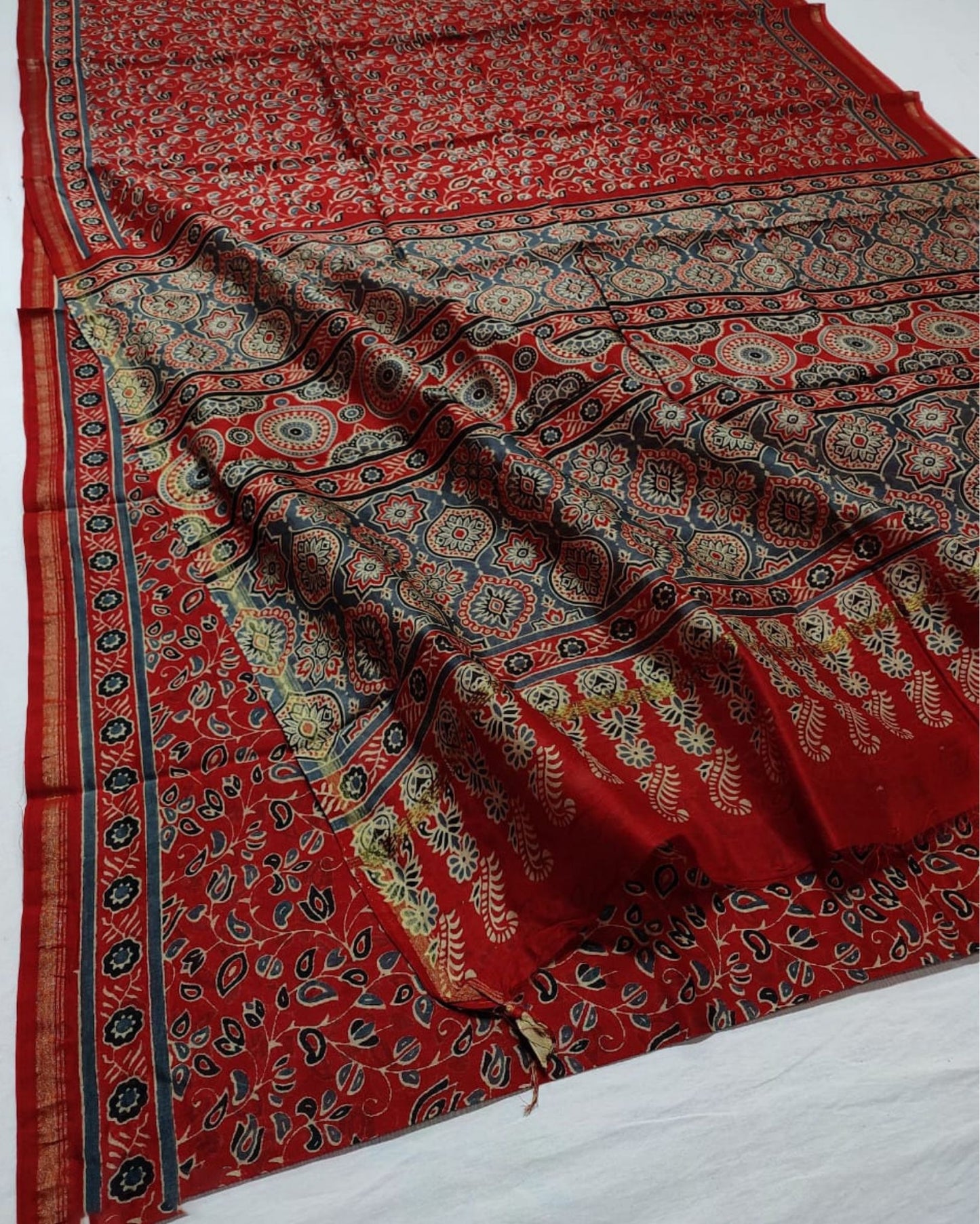 5319-Ajrakh Printed Mandarin Red Color Chanderi Silk Saree with Running Blouse