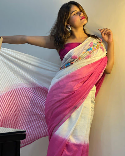 Pure Linen Saree – Handloom Hand Embroidered, White & Pink