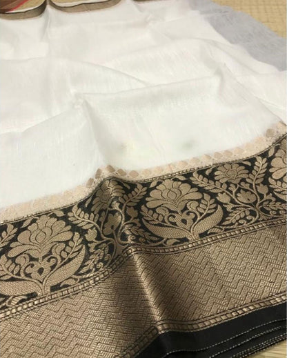 4824-Silk Linen Banrasi Brocade Weaving Handloom White Saree with Blouse
