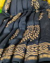 Chanderi Cotton Saree Block Print Black Color with running blouse-Indiehaat