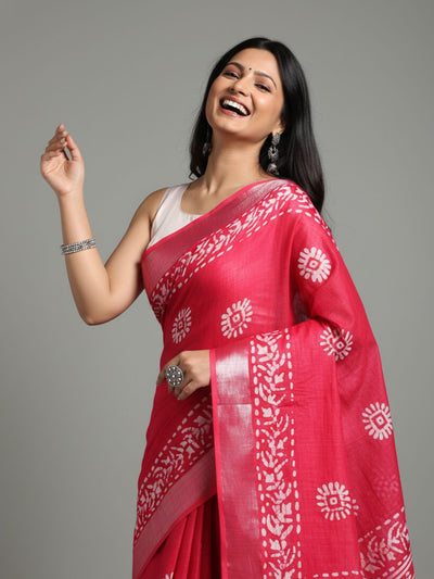 Crimson Slub Linen Wax Batik Hand Dyed Saree Red