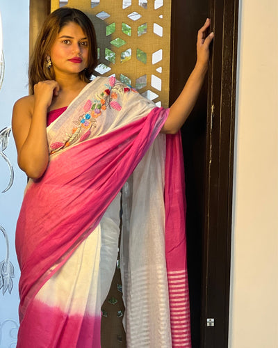 Pure Linen Saree – Handloom Hand Embroidered, White & Pink