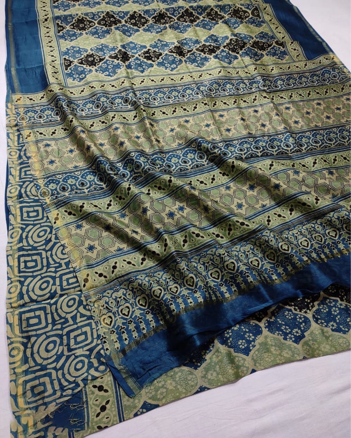 2769-Chanderi Masrise/Mercerised Cotton Silk Patola Print Saree Bahama Blue Colour with Running Blouse