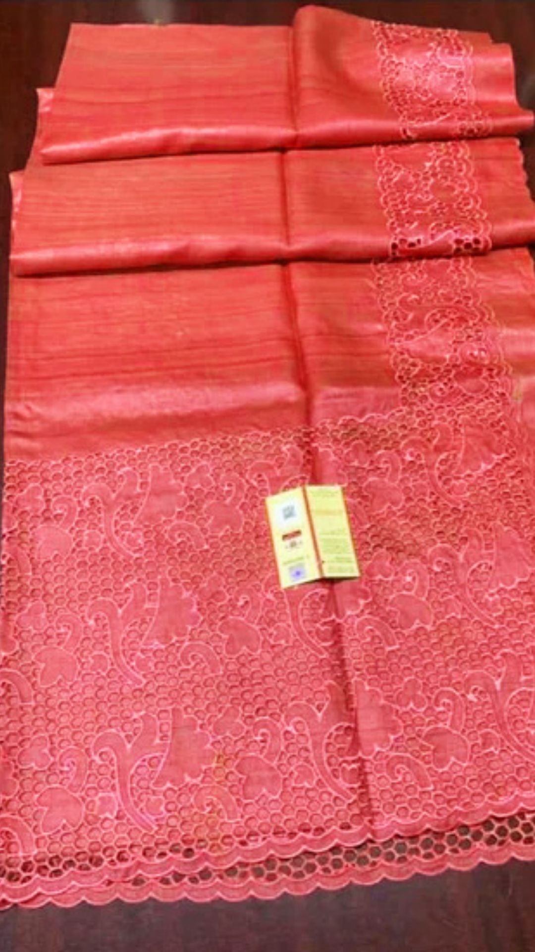 Silkmark Certified Vivid Pure Tussar Cutwork Red Saree