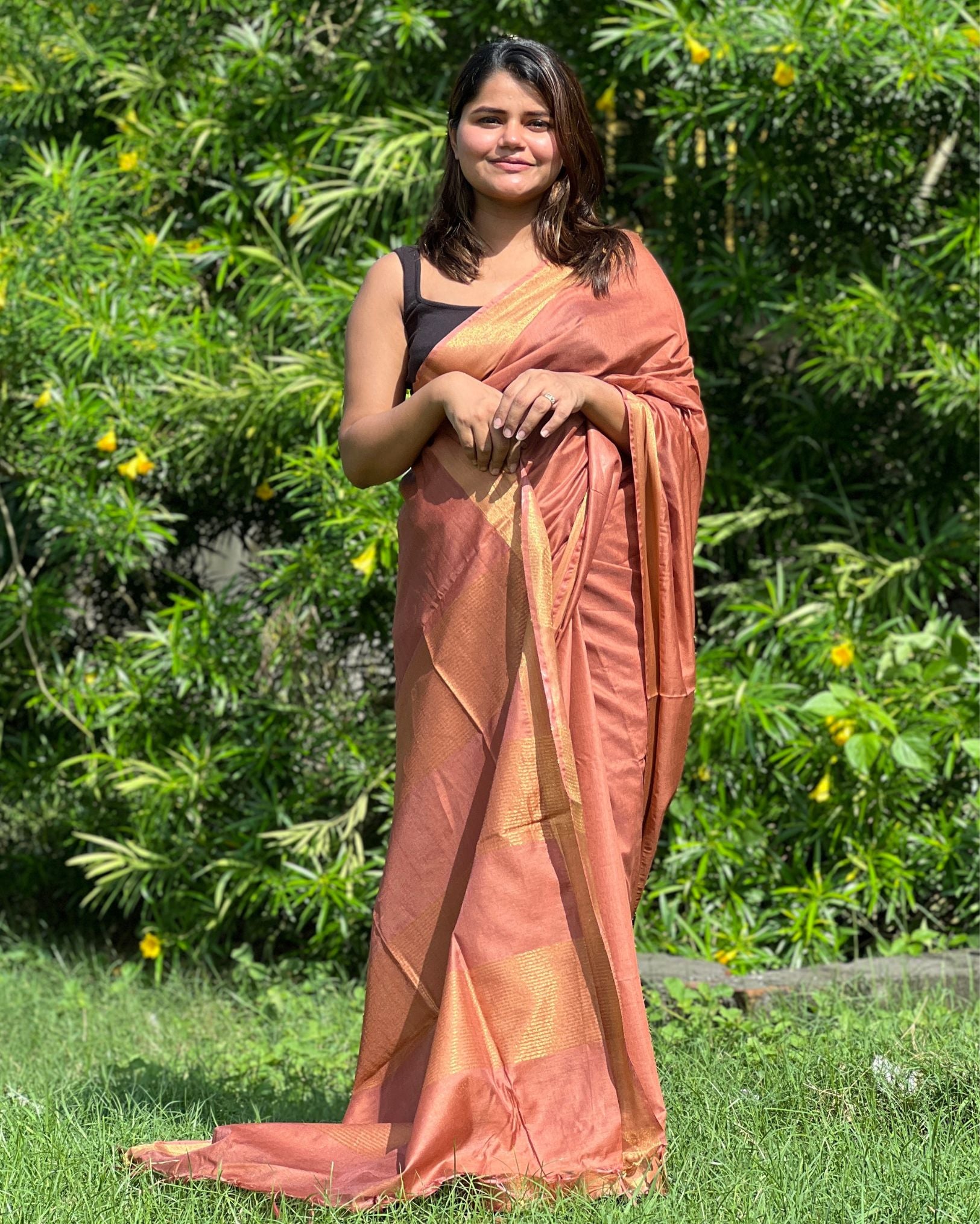 Handloom Jayashree Silk Saree Light Brown Colour with Running Blouse-Indiehaat