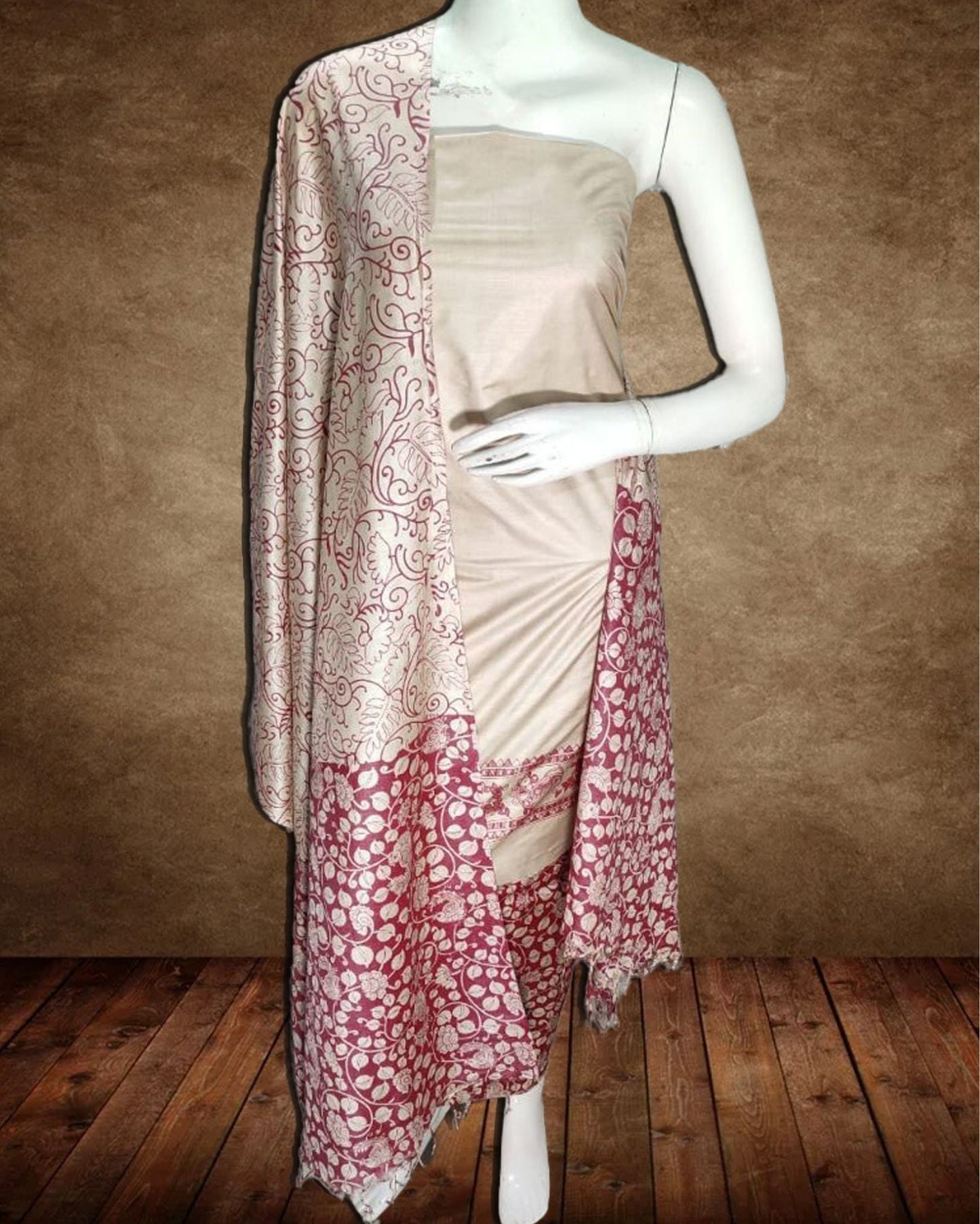 1930-Katan Pastel Gray Silk Printed Suit Piece with Bottom and Dupatta Handcrafted