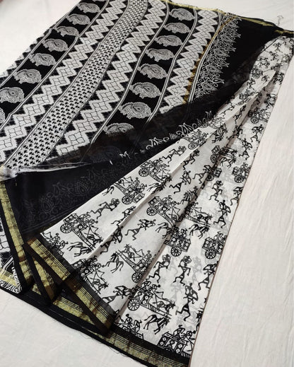9117-Chanderi Masrise/Mercerised Cotton Silk saree Hand block Print Black and White Colour with running blouse