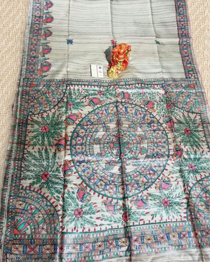 1524-Silkmark Certified Tussar Silk Madhubani HANDPAINTED Biege Saree with Blouse