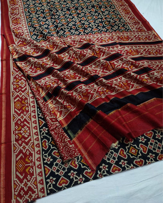 6902-Chanderi Masrise/Mercerised Cotton Silk Patola Print Saree Black Pearl Blue and Fire Brick Red Colour with Running Blouse